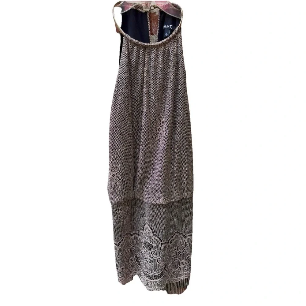 S.L. FASHIONS Women's Blouson  Halter Crochet Dress Flapper Fringe Sz 6 Gold NEW